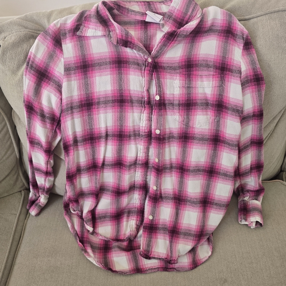 Pink and White Plaid Button-Up Shirt